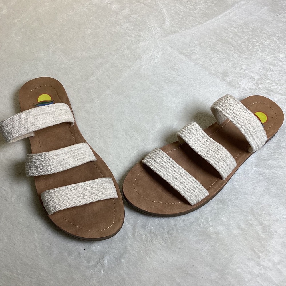 Maui Island Womens Triple Strap Woven Slide Sandals Cream Brown Size 9M